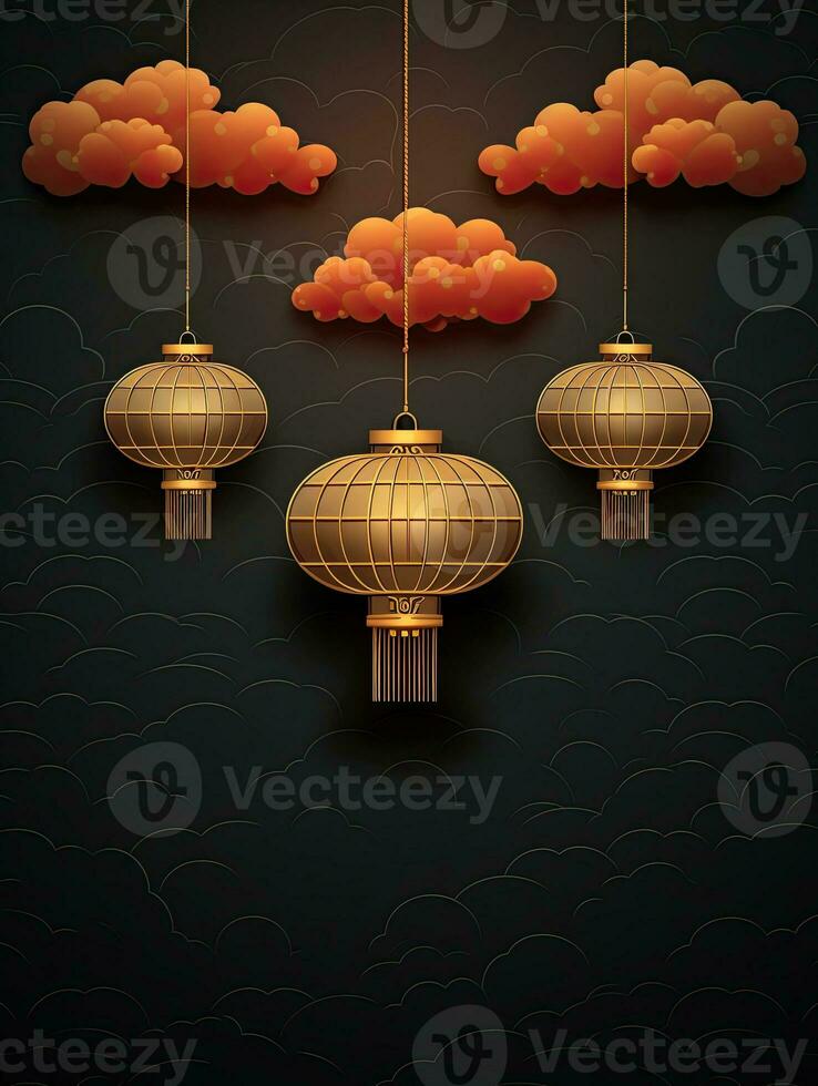 AI generated Gold Chinese lantern with red cloud on the black background AI Generative photo