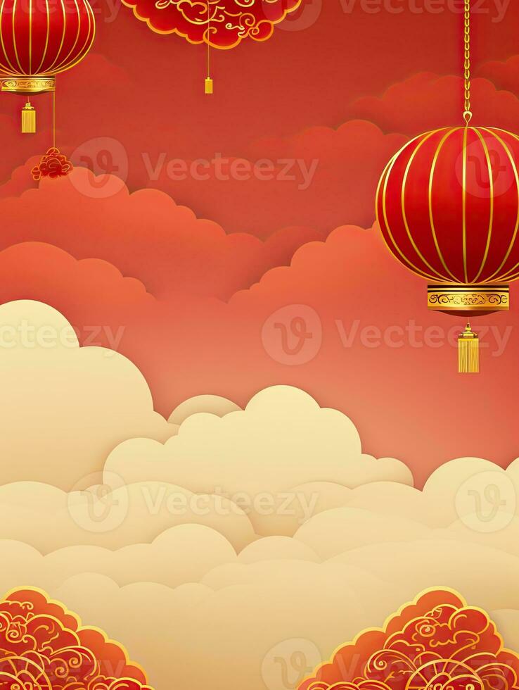 AI generated Red Chinese lantern on the clouds background AI Generative photo