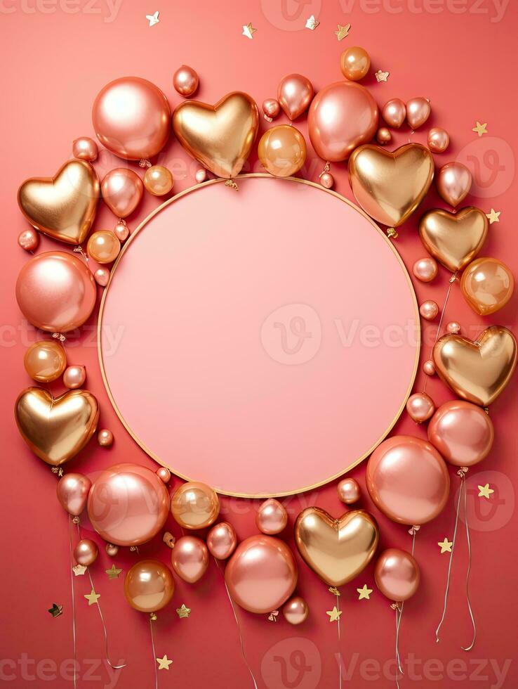 AI generated Gold circle rounded with gold heart balloon AI Generative photo