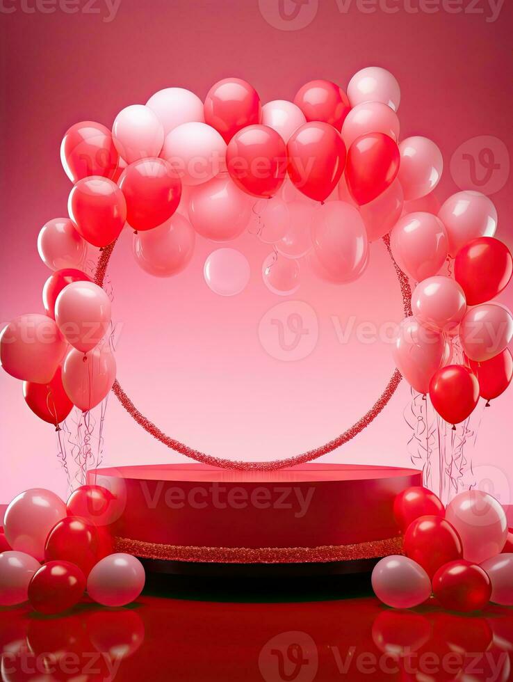 AI generated Red podium with red pink balloon AI Generative photo