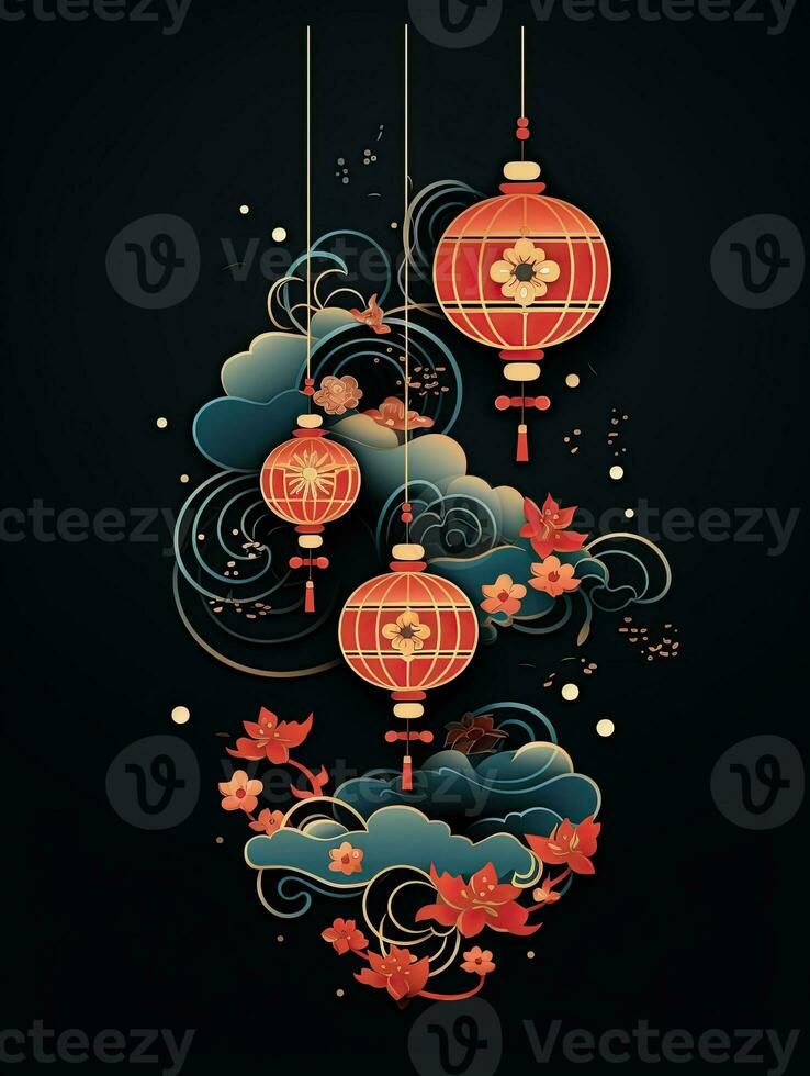 AI generated Portrait Chinese lantern with element on the black background AI Generative photo