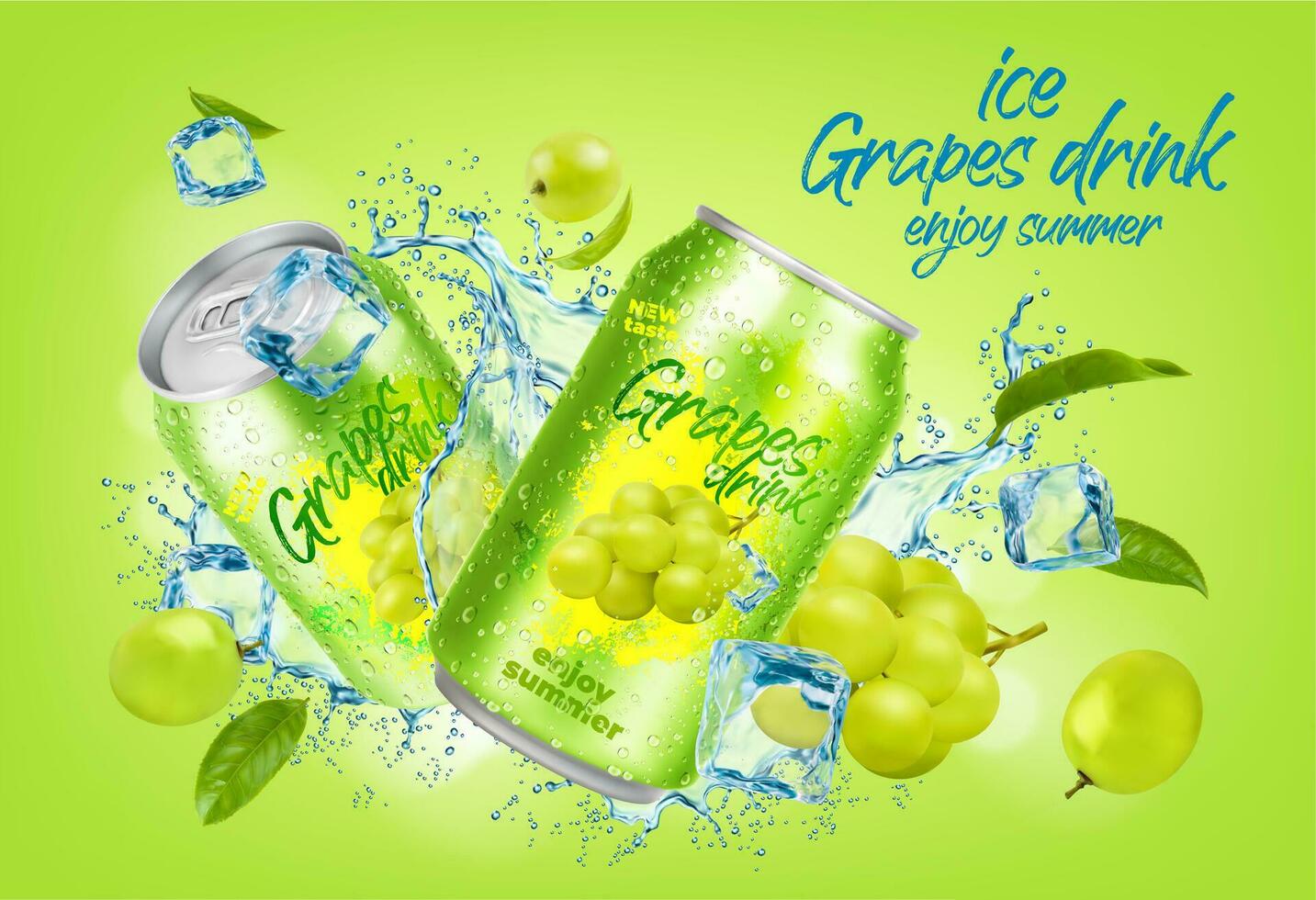 Ice grape drink cans, green berries, juice splash vector