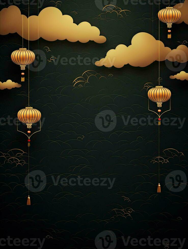 AI generated Gold Chinese lantern on the black background AI Generative photo