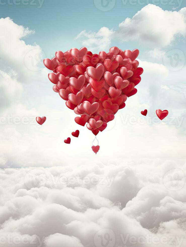 AI generated Red heart petals on the sky background AI Generative photo