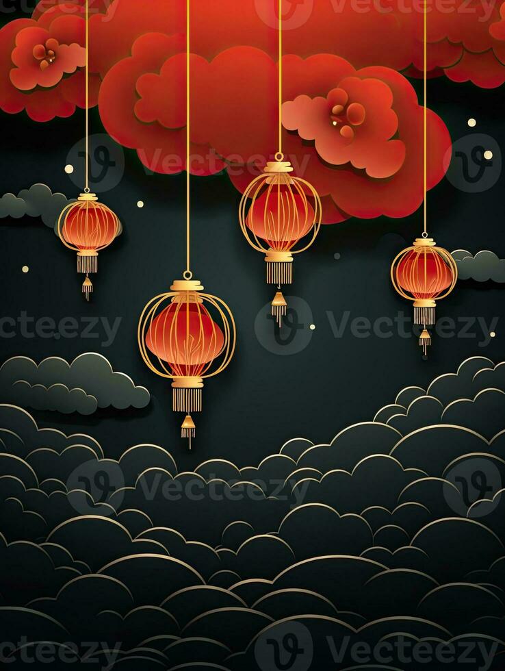 AI generated Red Chinese lantern with red clouds AI Generative photo