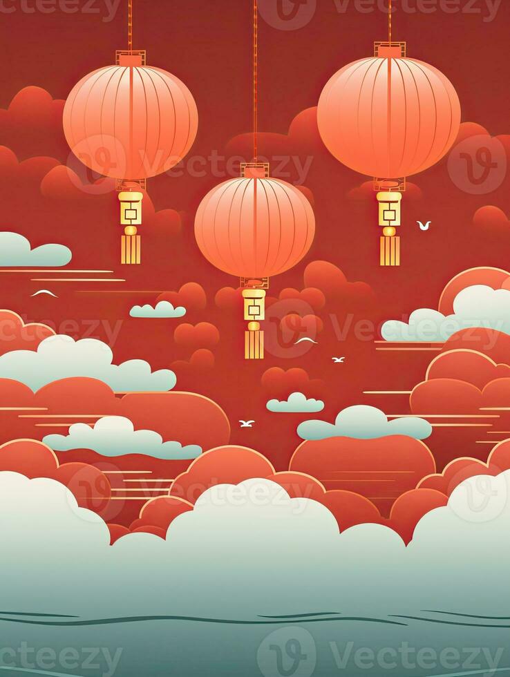 AI generated Red Chinese lantern with clouds AI Generative photo