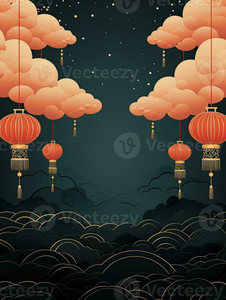 AI generated Chinese lantern with clouds on the black background AI Generative photo