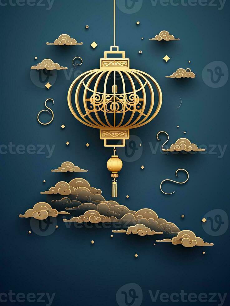 AI generated Portrait gold Chinese lantern on the black clouds background AI Generative photo