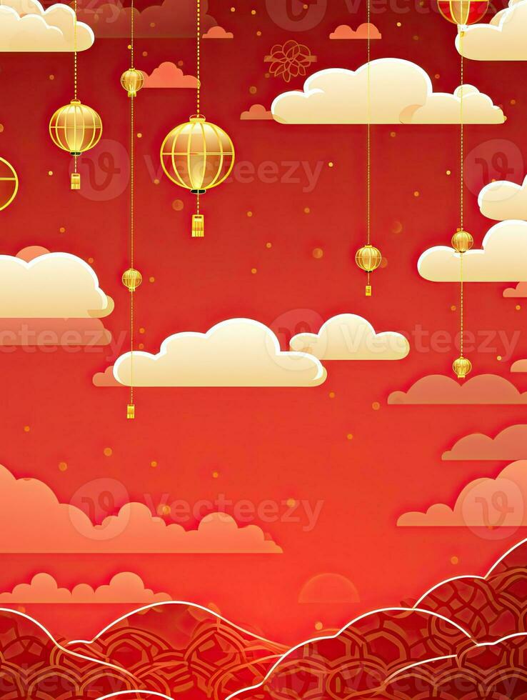 AI generated Portrait Chinese lantern with clouds  on the red background AI Generative photo