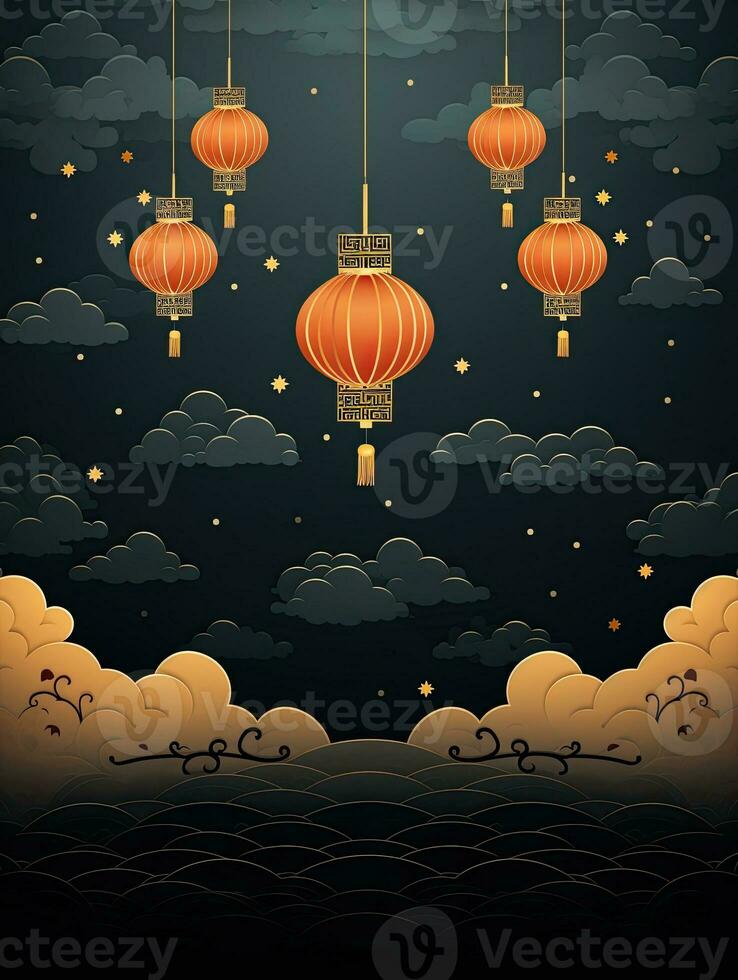 AI generated Chinese lantern with clouds on the black background AI Generative photo