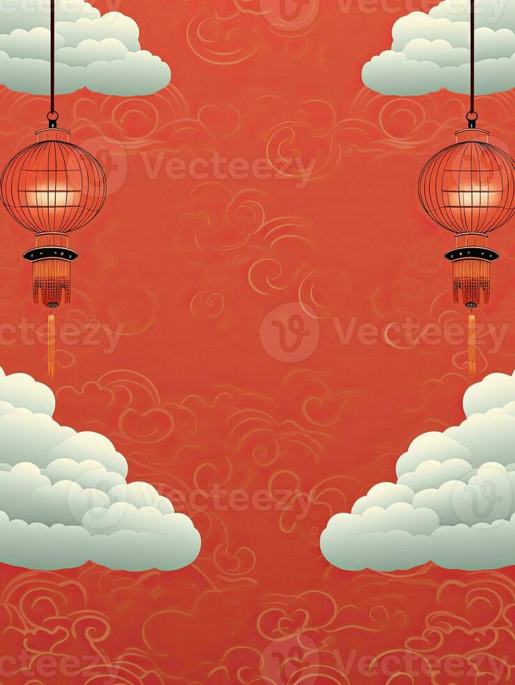 AI generated Portrait Chinese lantern with clouds  on the red background AI Generative photo