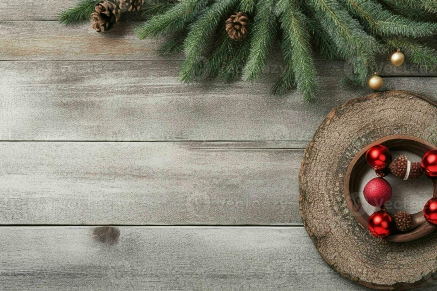 AI generated christmas background on rustic wooden table. Pro Photo