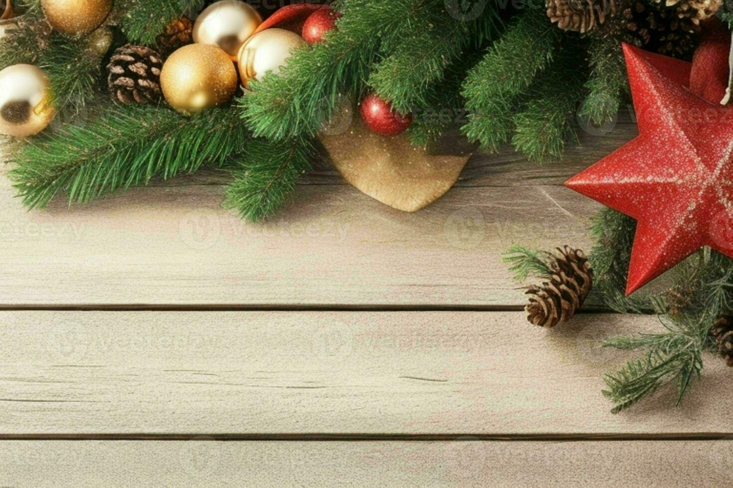 AI generated christmas background on rustic wooden table. Pro Photo