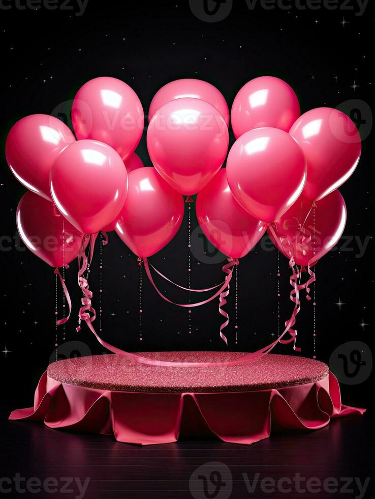 AI generated Pink podium with pink balloon on the black background AI Generative photo