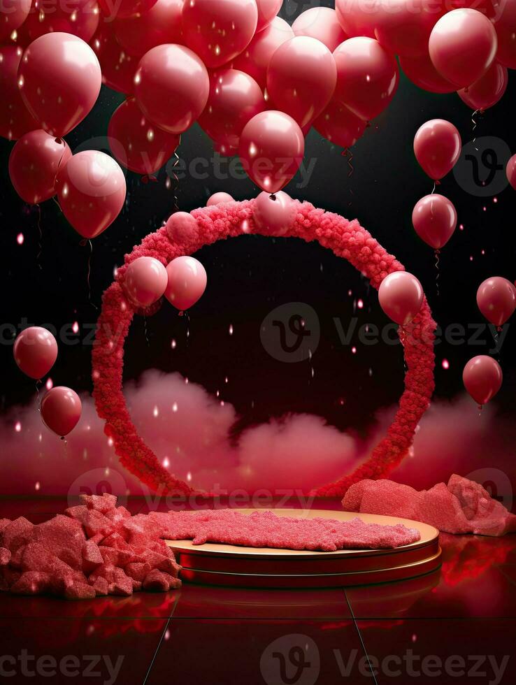 AI generated Pink rounded with pink balloon on the black background AI Generative photo