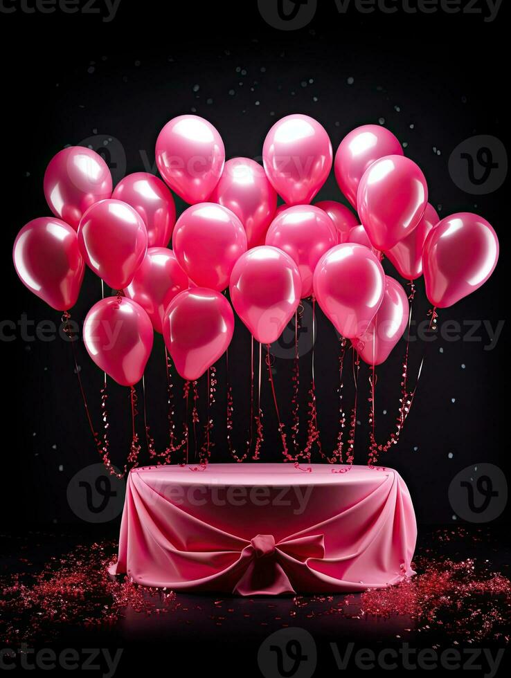 AI generated Pink podium with pink balloon on the black background AI Generative photo