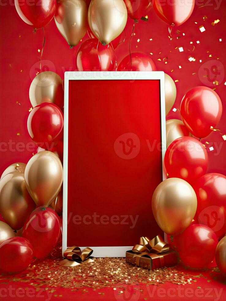 AI generated Square frame with red gold balloon AI Generative photo