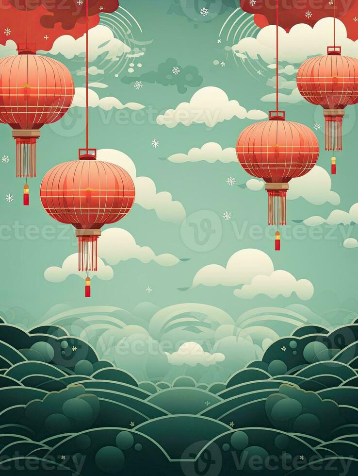 AI generated Portrait red Chinese lantern on the blue clouds AI Generative photo
