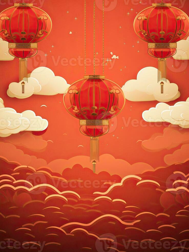 AI generated Portrait red Chinese lantern with clouds on the red background AI Generative photo