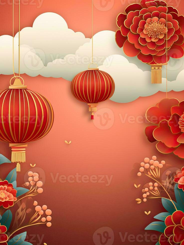 AI generated Portrait red Chinese lantern with flower AI Generative photo