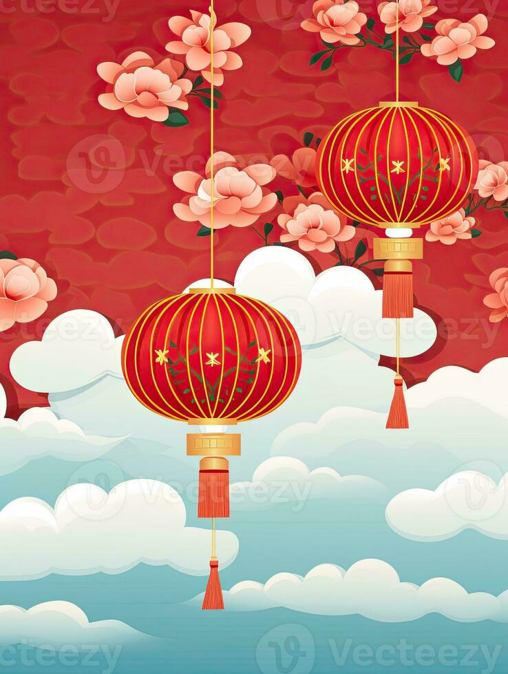 AI generated Portrait red Chinese lantern with flower AI Generative photo