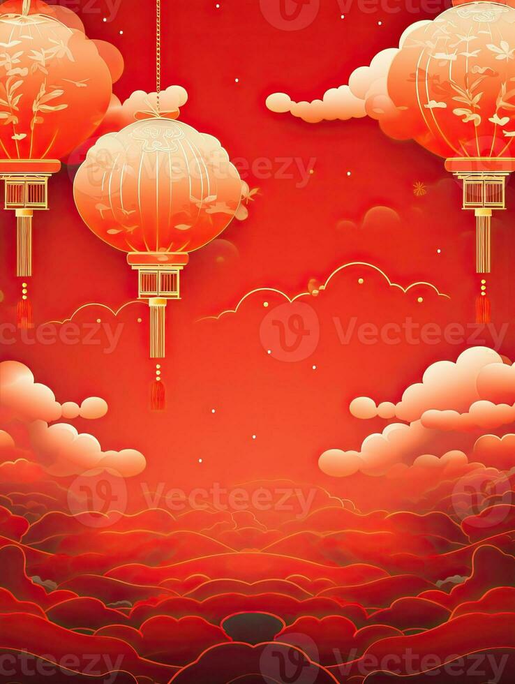 AI generated Red Chinese lantern on the red background AI Generative photo