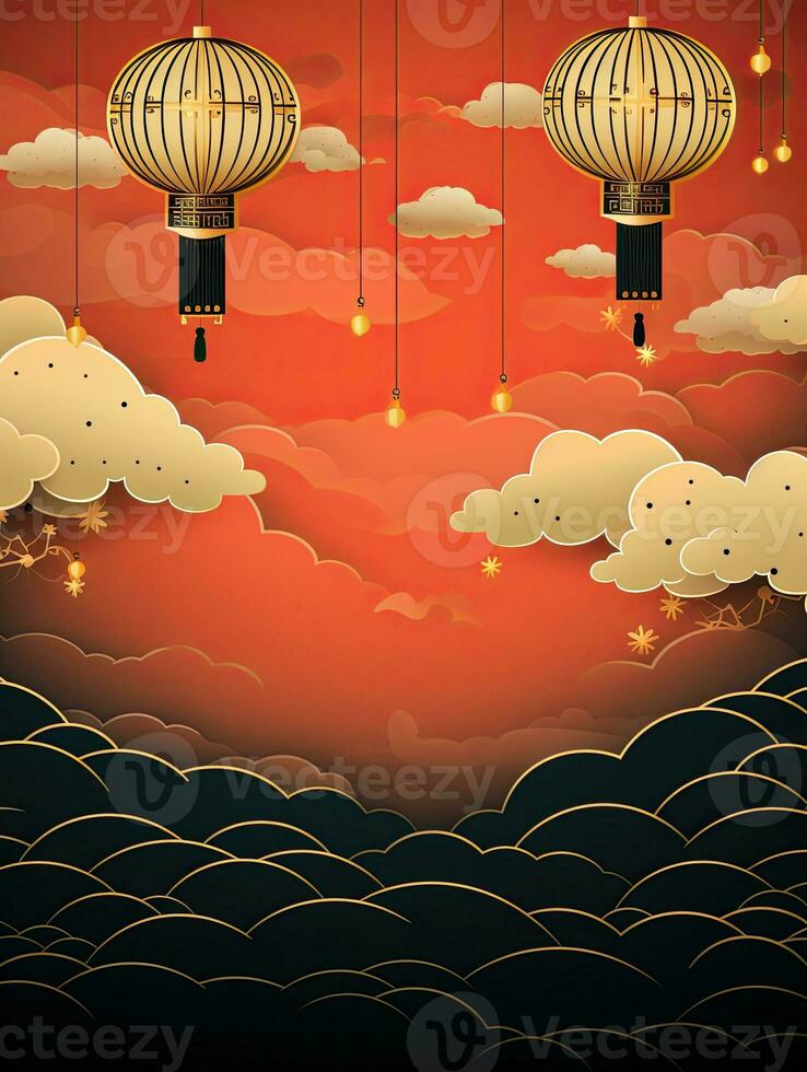 AI generated Gold Chinese lantern on the red black background AI Generative photo