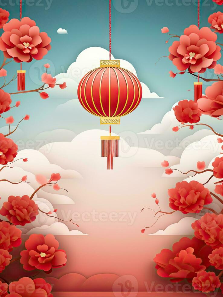 AI generated Portrait red Chinese lantern with flower AI Generative photo