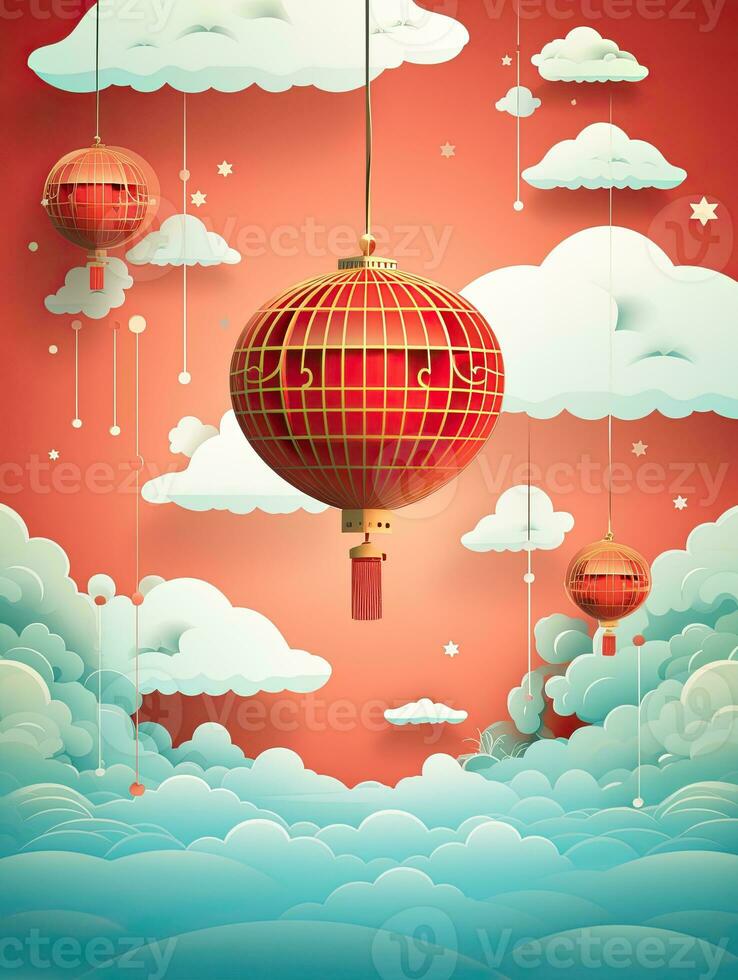 AI generated Portrait red Chinese lantern on the blue clouds AI Generative photo