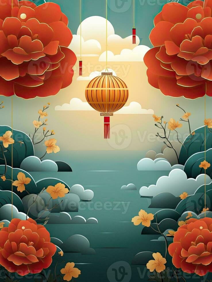 AI generated Gold Chinese lantern with red flower AI Generative photo