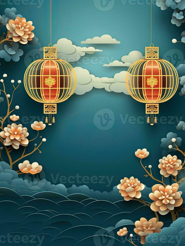 AI generated Portrait Chinese lantern with flower on the blue background AI Generative photo