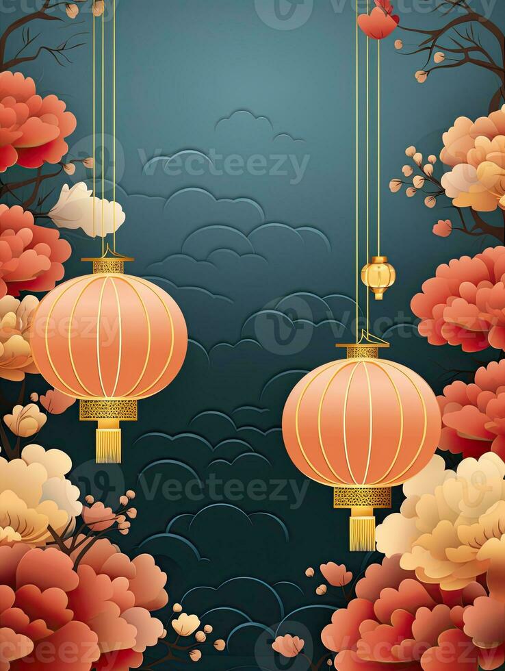 AI generated Portrait Chinese lantern with flower on the blue background AI Generative photo