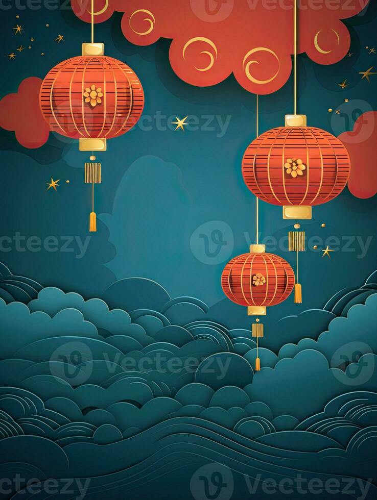 AI generated Red Chinese lantern on the blue background AI Generative photo