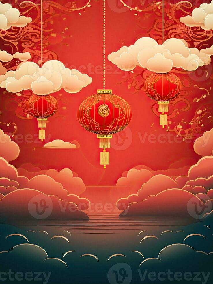 AI generated Red Chinese lantern with clouds AI Generative photo