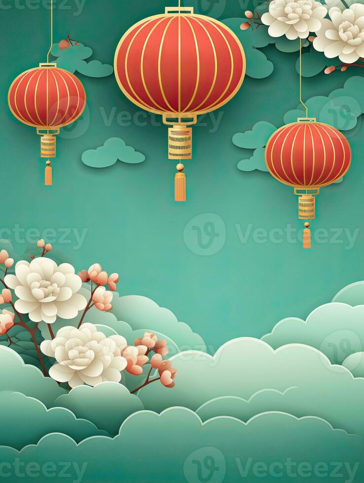 AI generated Portrait red Chinese lantern with cloud on the blue background AI Generative photo