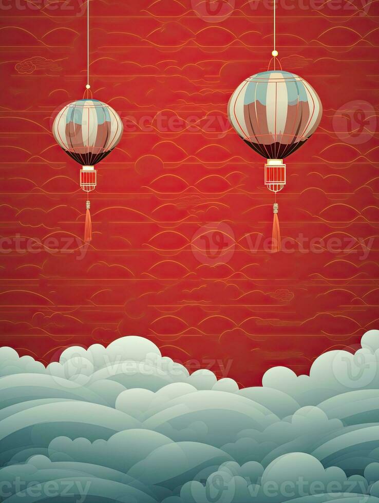 AI generated Portrait red Chinese lantern with clouds on the red background AI Generative photo
