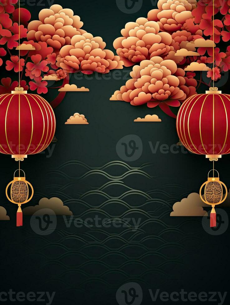AI generated Red Chinese lantern with flower AI Generative photo