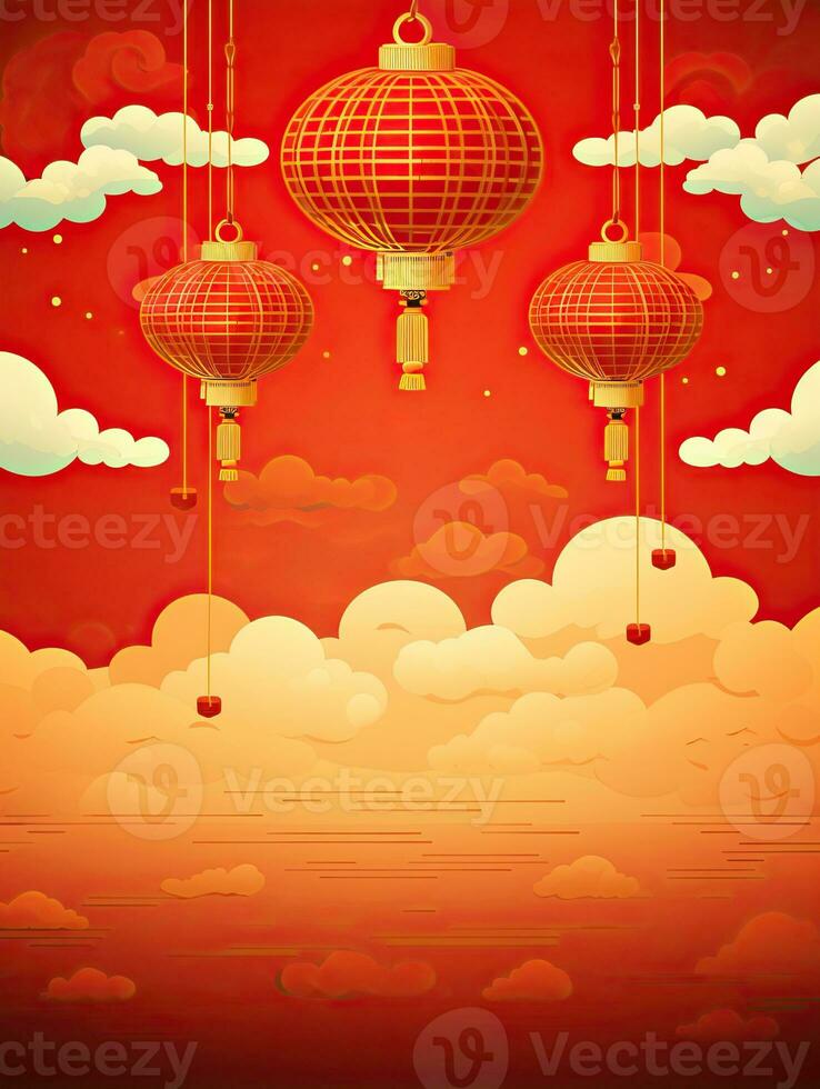 AI generated Red Chinese lantern with clouds on the red background AI Generative photo