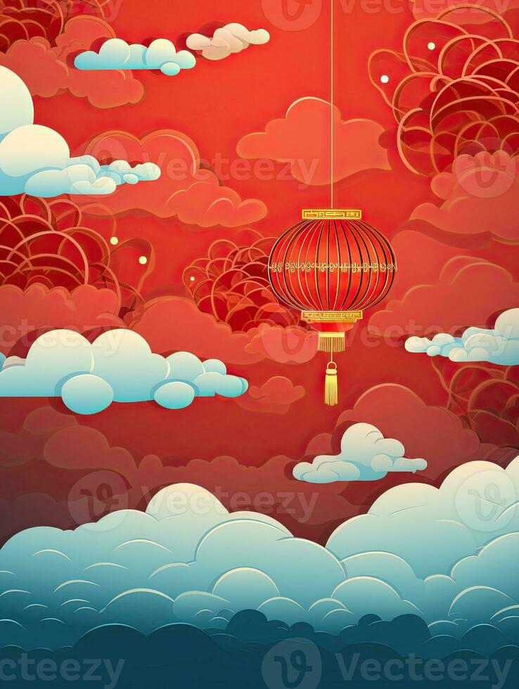 AI generated Portrait red Chinese lantern with clouds AI Generative photo