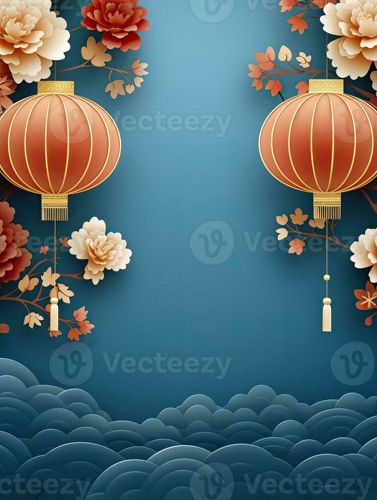 AI generated Portrait Chinese lantern with flower on the blue background AI Generative photo