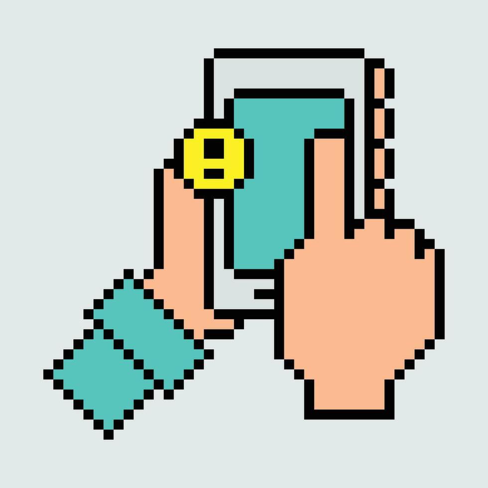 pixel art hand holding smartphone with coin vector