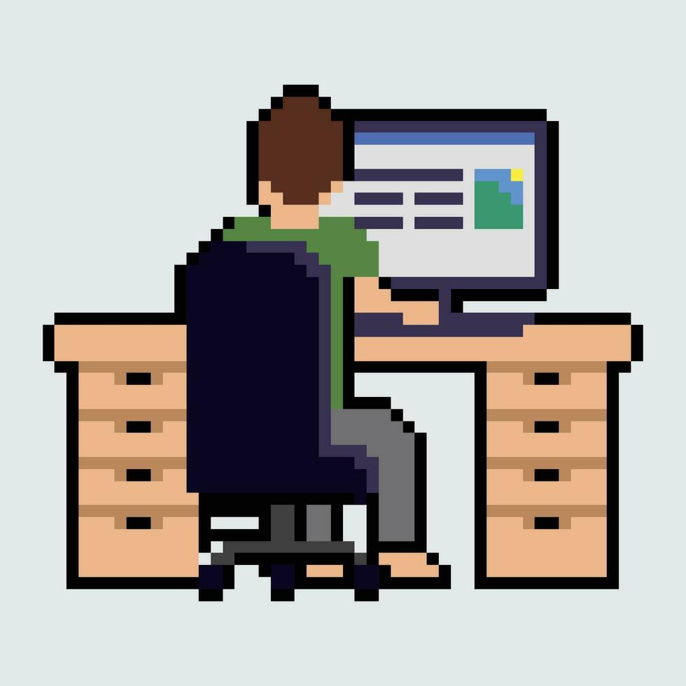 píxel Arte de un hombre sentado a un escritorio con un computadora vector