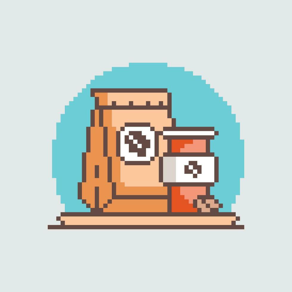 pixel art illustration of a bag of coffe set vector