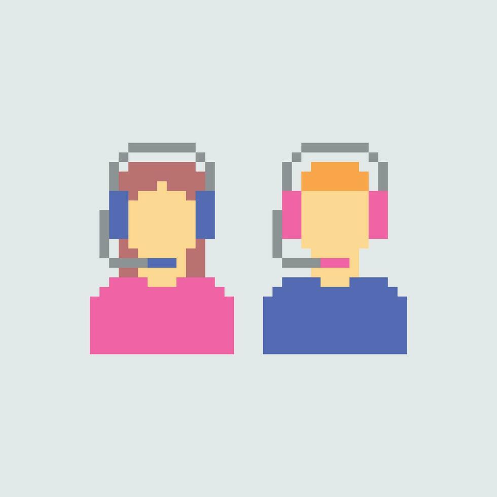 píxel Arte de dos personas vistiendo auriculares vector