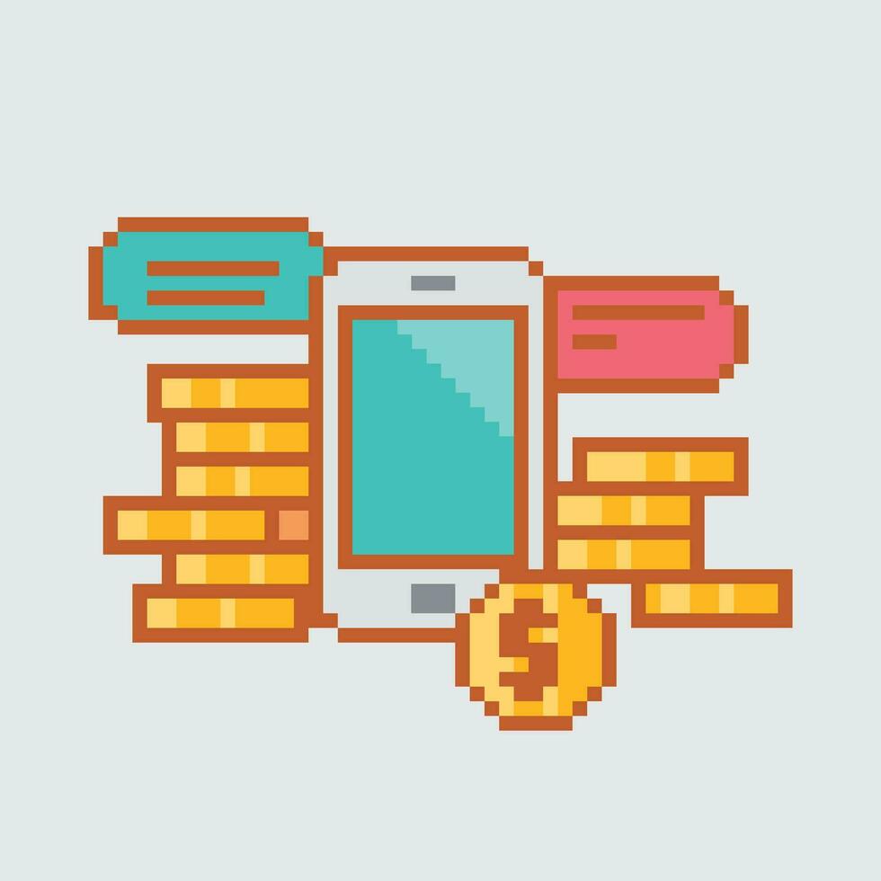 píxel teléfono con monedas y dinero vector