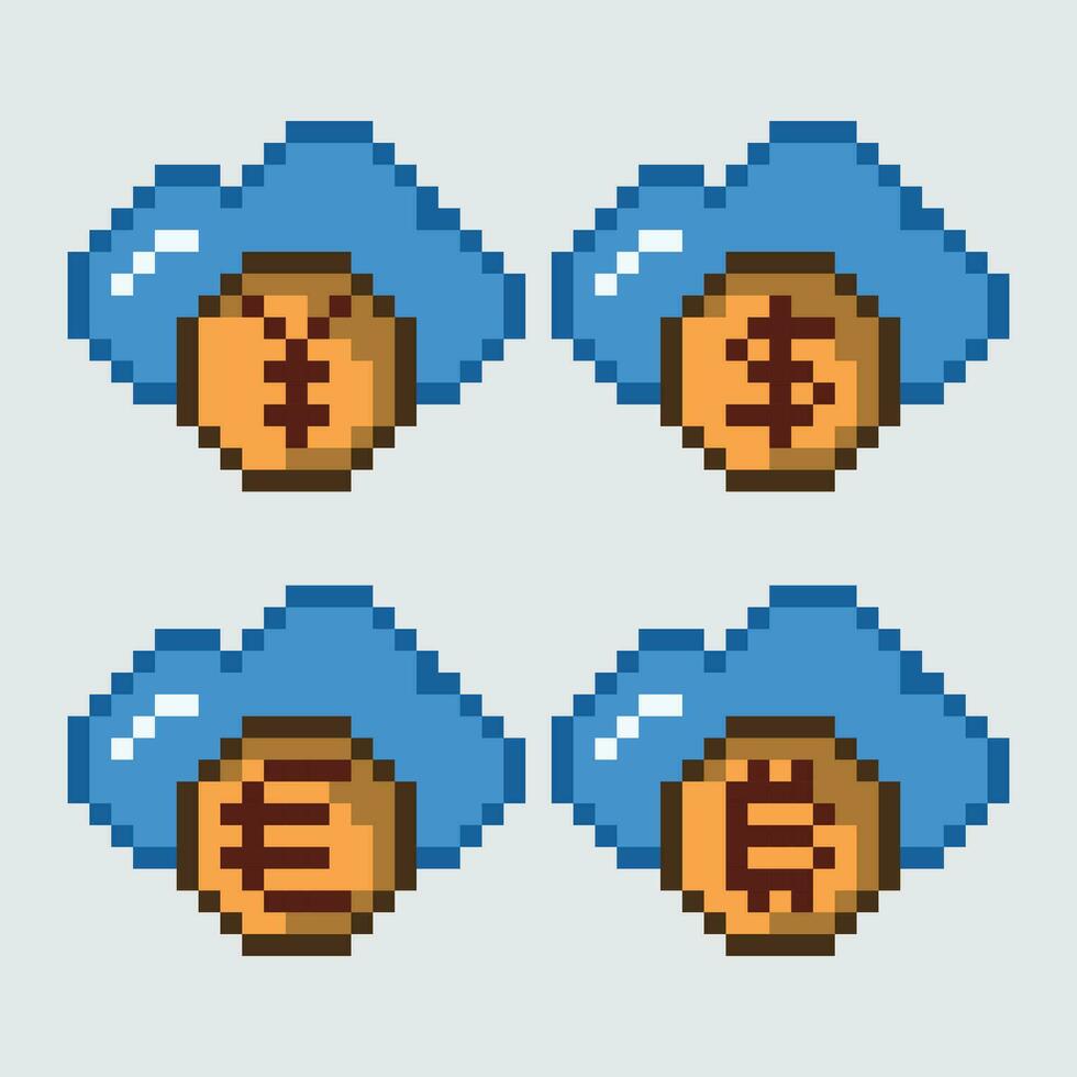 pixel art cloud coin set vector