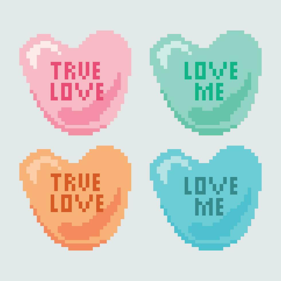pixel candy hearts with the words true love and love me vector