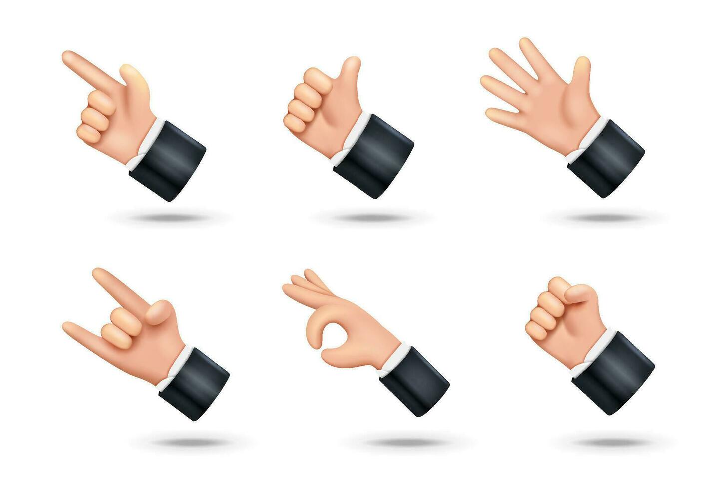 Set of 3D hands in cartoon style. Hand with different gesture sign vector
