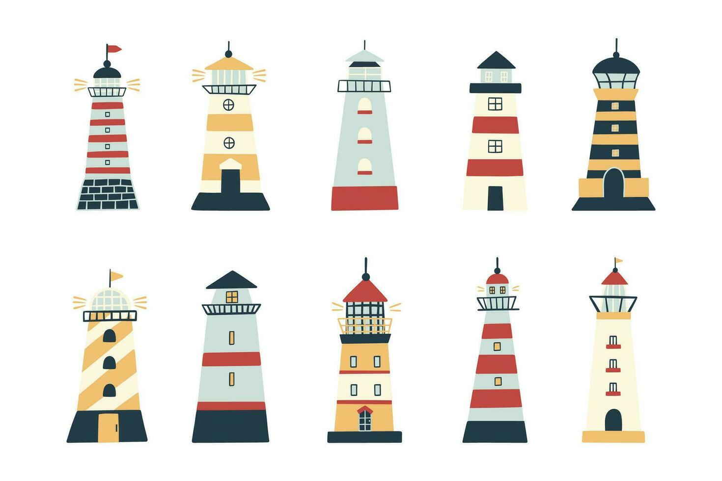 Set of lighthouses in hand-drawn style on a white background. vector