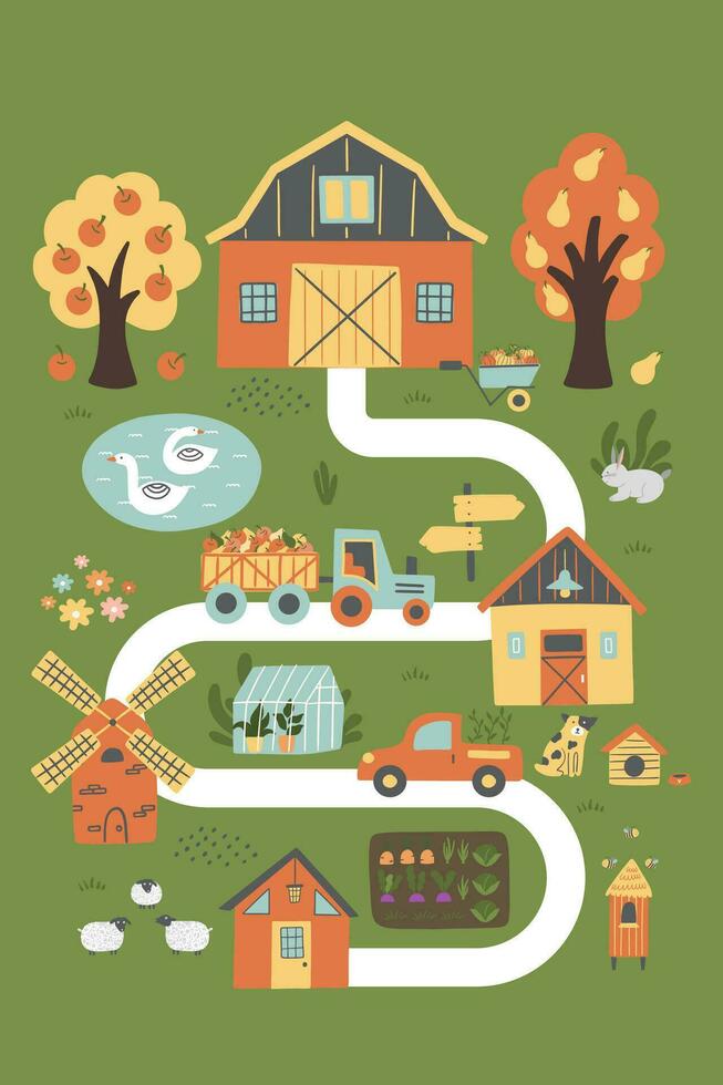 Farm background with farmhouses, animals, garden, trees, road, cars. vector